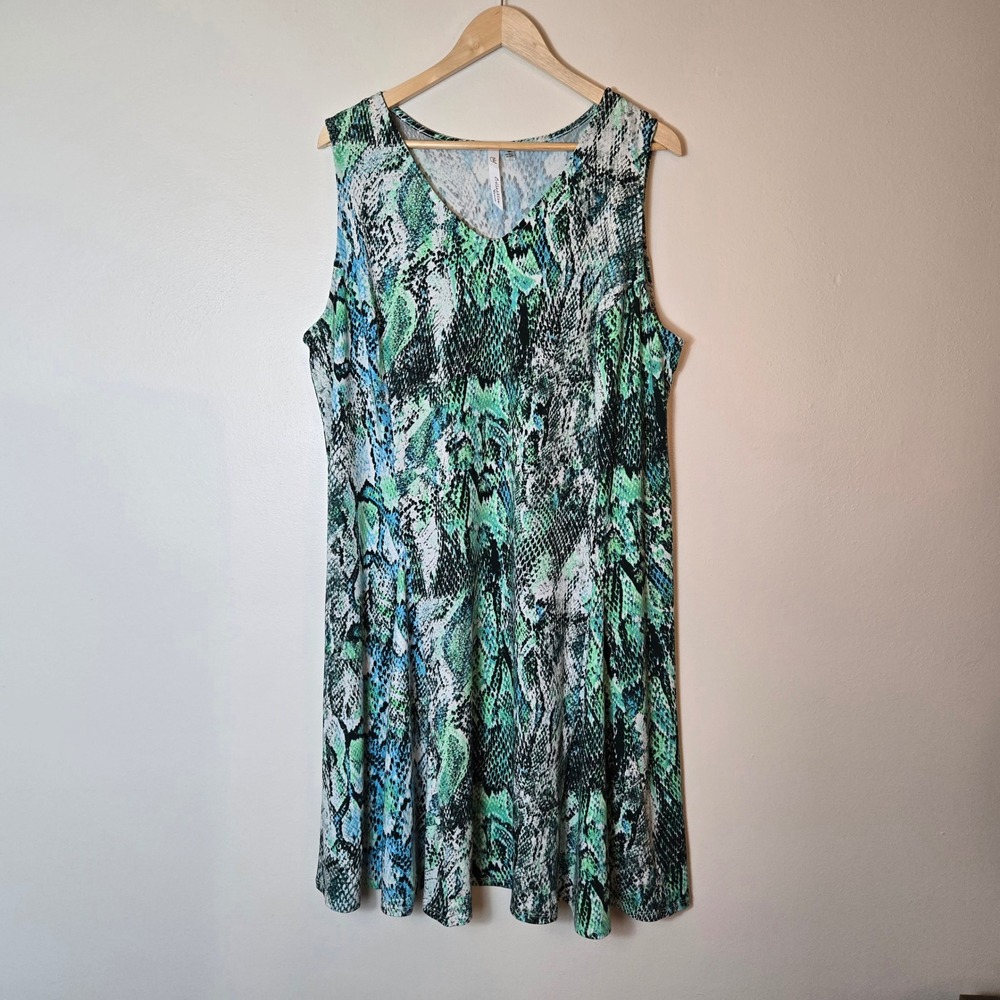 NY Collection‎ Woman Green Blue Snakeskin Print Sleeveless V-Neck Dress 3X